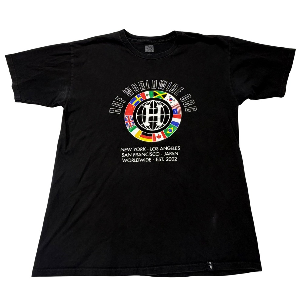 HUF Worldwide Mens Graphic T-Shirt DBC Flags Black Cotton Short Sleeve Large